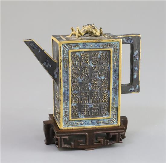 A Chinese enamelled biscuit Forty Shou miniature wine pot, 19th/20th century, H. 10cm, wood stand, fitted box